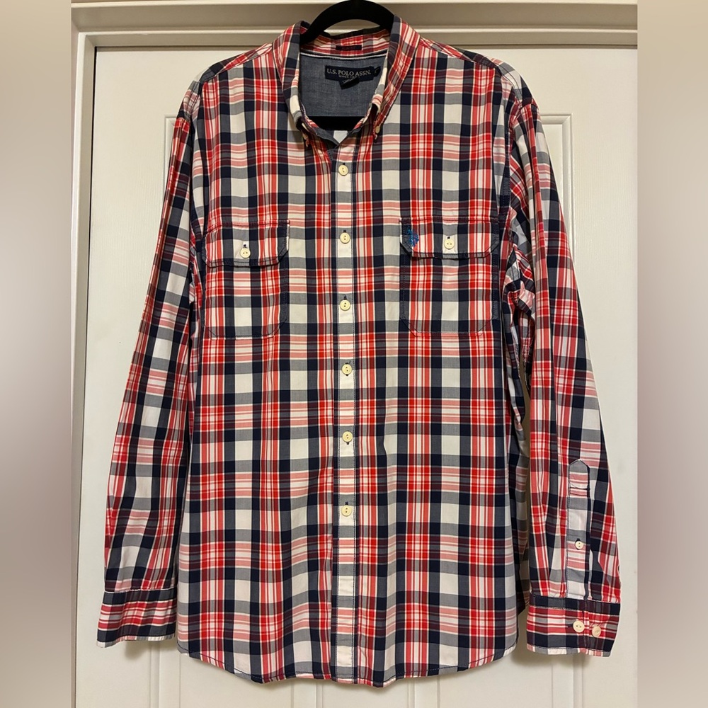 U.S.POLO Assn. Men's Red, Blue, and white Plaid Shirt.